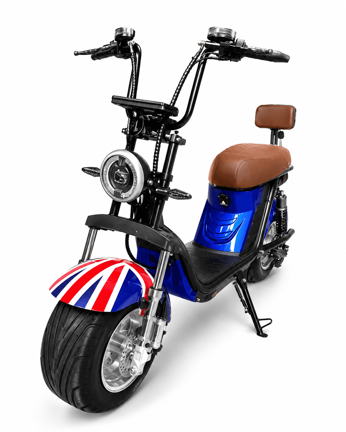 Citycoco King Pro X30 azul com estampa Union Jack, em três quartos, vista de frente