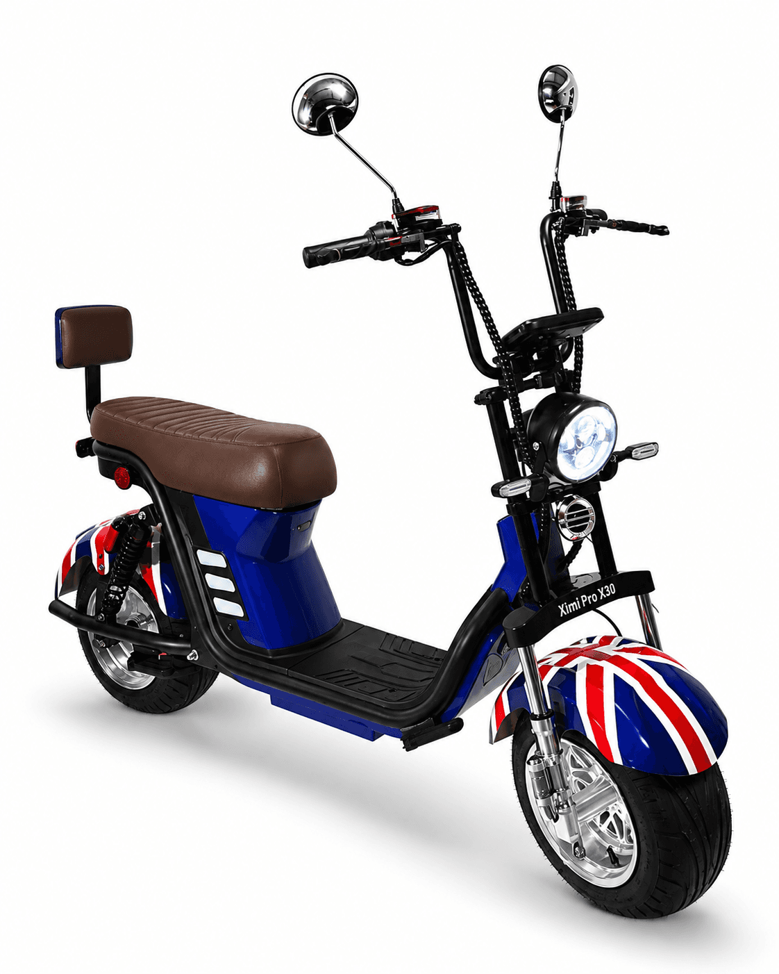 Citycoco King Pro X30 azul com estampa Union Jack, em três quartos, vista de frente