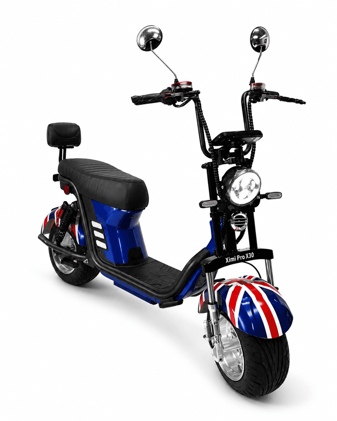 Citycoco King Pro X30 azul com estampa Union Jack, em três quartos, vista traseira