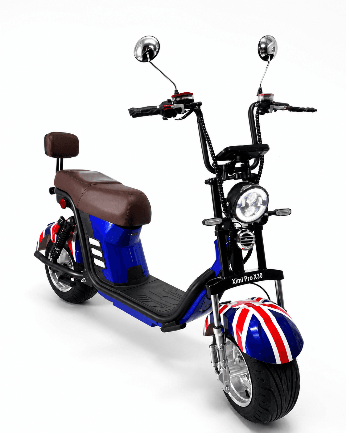 Citycoco King Pro X30 azul com estampa Union Jack, duas unidades lado a lado