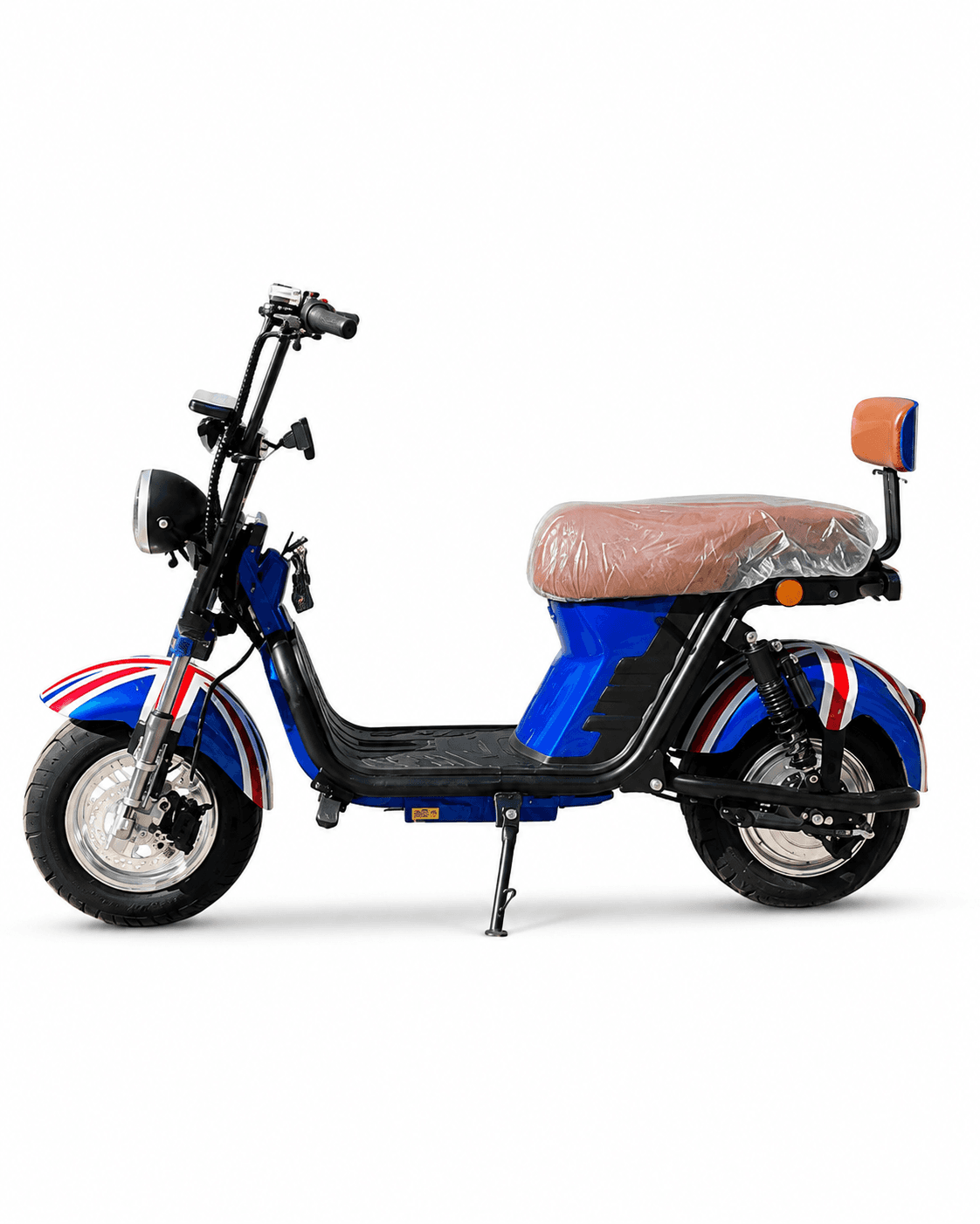 Citycoco King Pro X30 azul com estampa Union Jack, vista de perfil