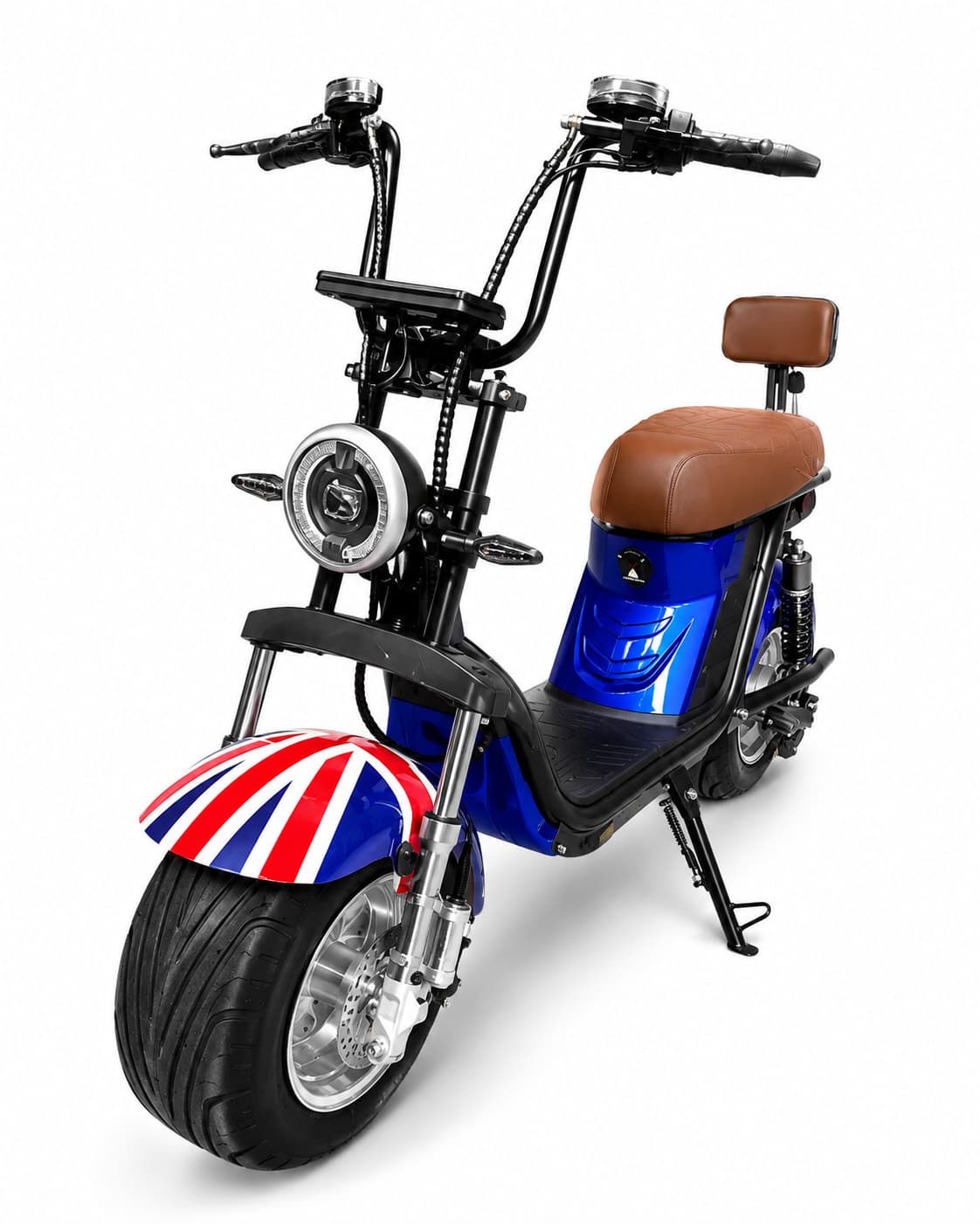 Citycoco King Pro X30 azul com estampa Union Jack, em três quartos, vista de frente