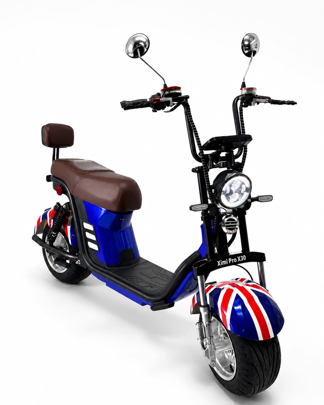 Citycoco King Pro X30 azul com estampa Union Jack, duas unidades lado a lado